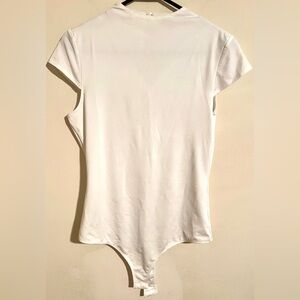 Women’s Lulu's White High Neck Silky Stretchy Thong Bodysuit Keyhole Back Sz L